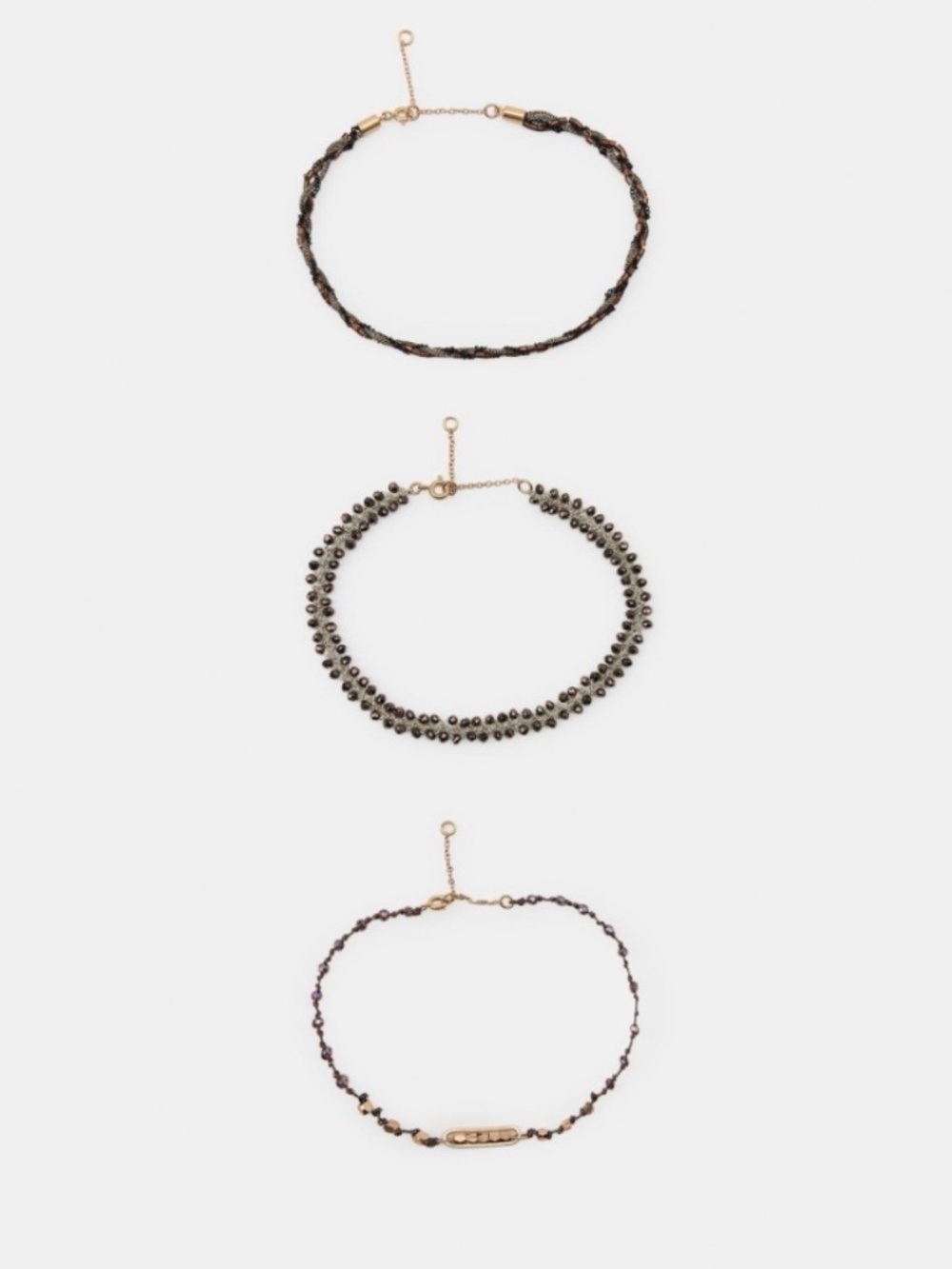 Zara Pack of 3 Cord Beaded Metallic Adjustable Anklets Gold Silver Brown NWT